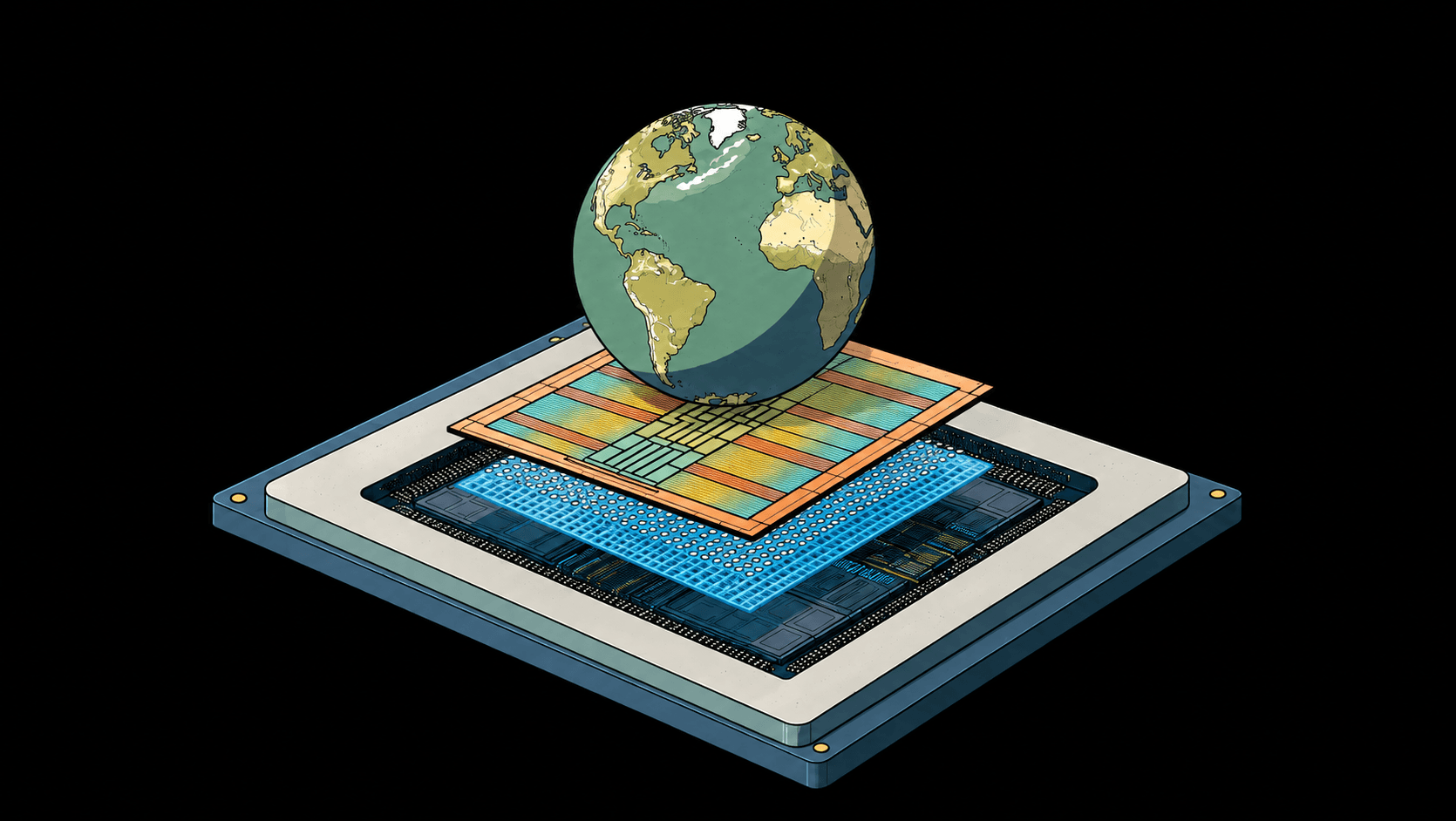 Illustration of Earth above the layered components of a computer chip